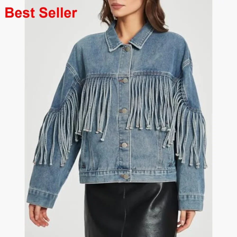 Oversized Denim Jacket with Fringe Tassel Long Sleeve Western Style - Picture 5 of 6